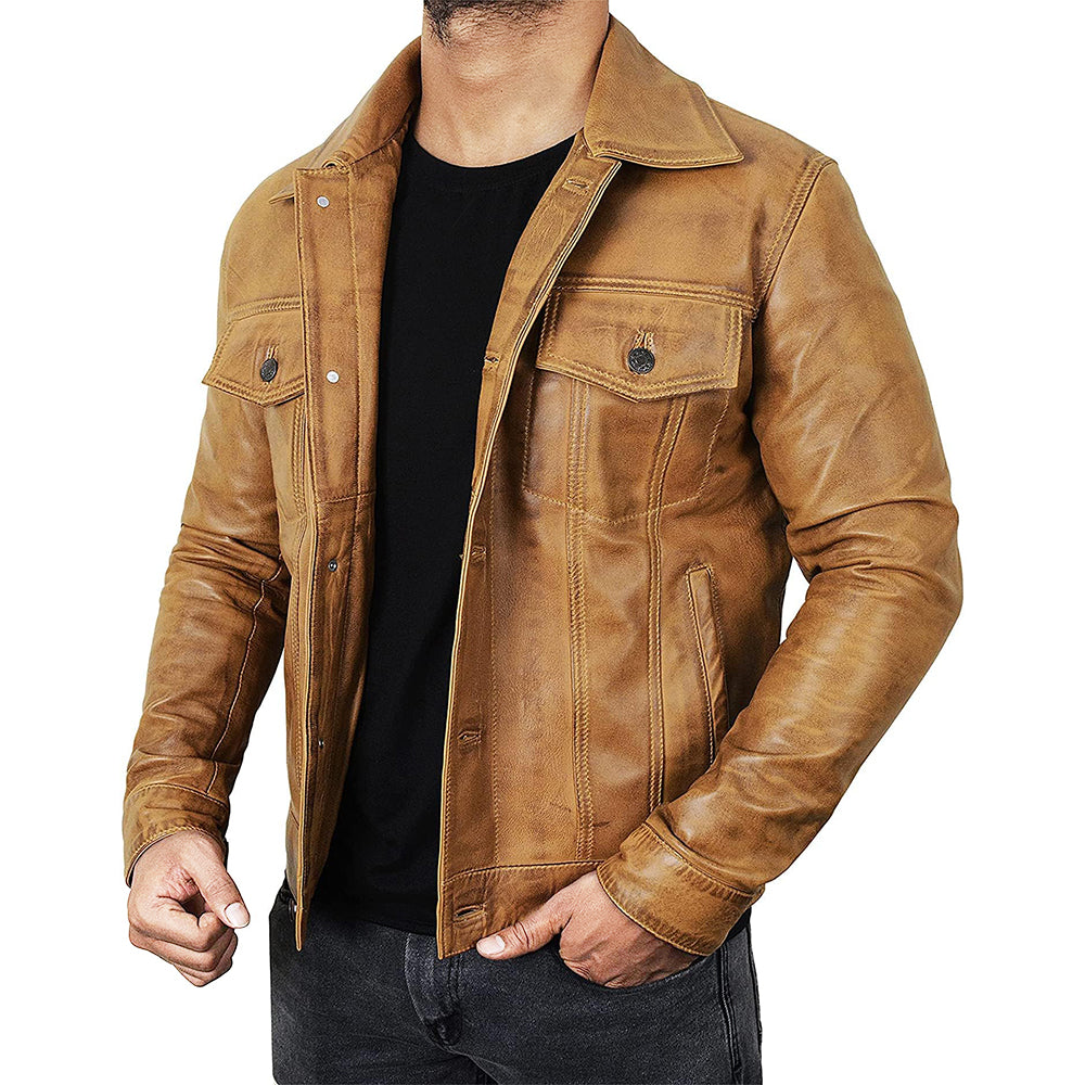 Men's Camel Brown Trucker  Leather Jacket