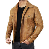 Men's Camel Brown Trucker  Leather Jacket