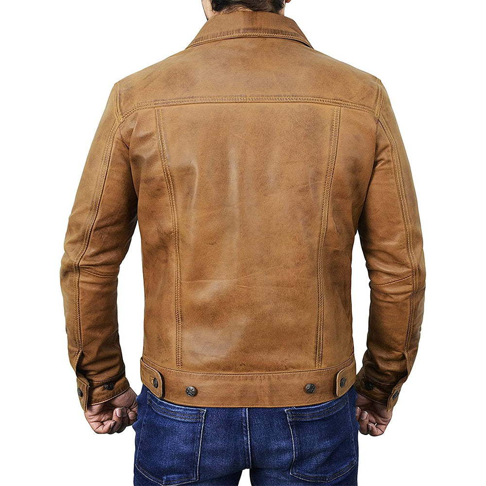 Men's Camel Brown Trucker  Leather Jacket