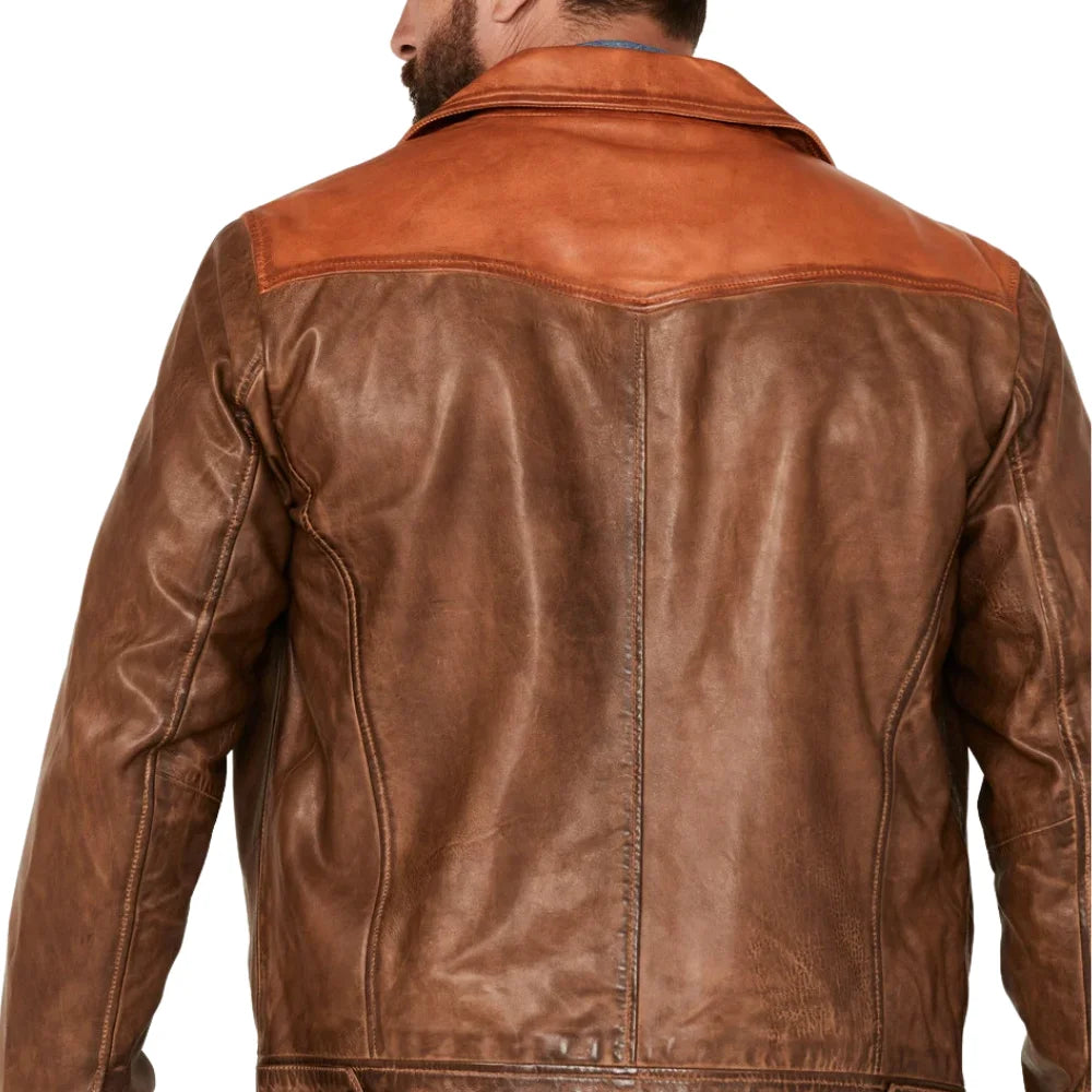 Men’s Cognac and Brown Vintage Leather Trucker Jacket