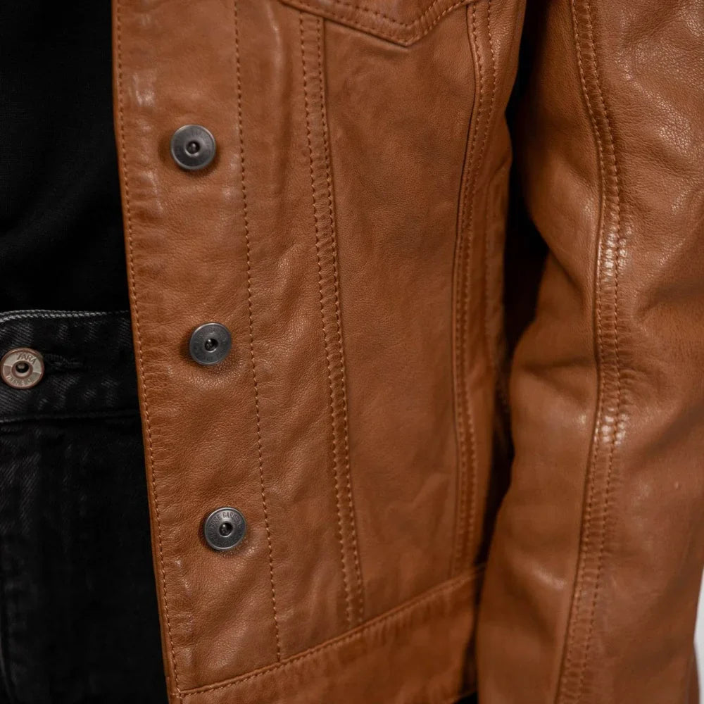 Women’s Cognac Brown Leather Trucker Jacket