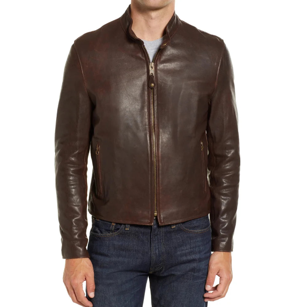 Men's Real Chocolate Brown Cafe Racer Leather Jacket