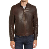 Men's Real Chocolate Brown Cafe Racer Leather Jacket