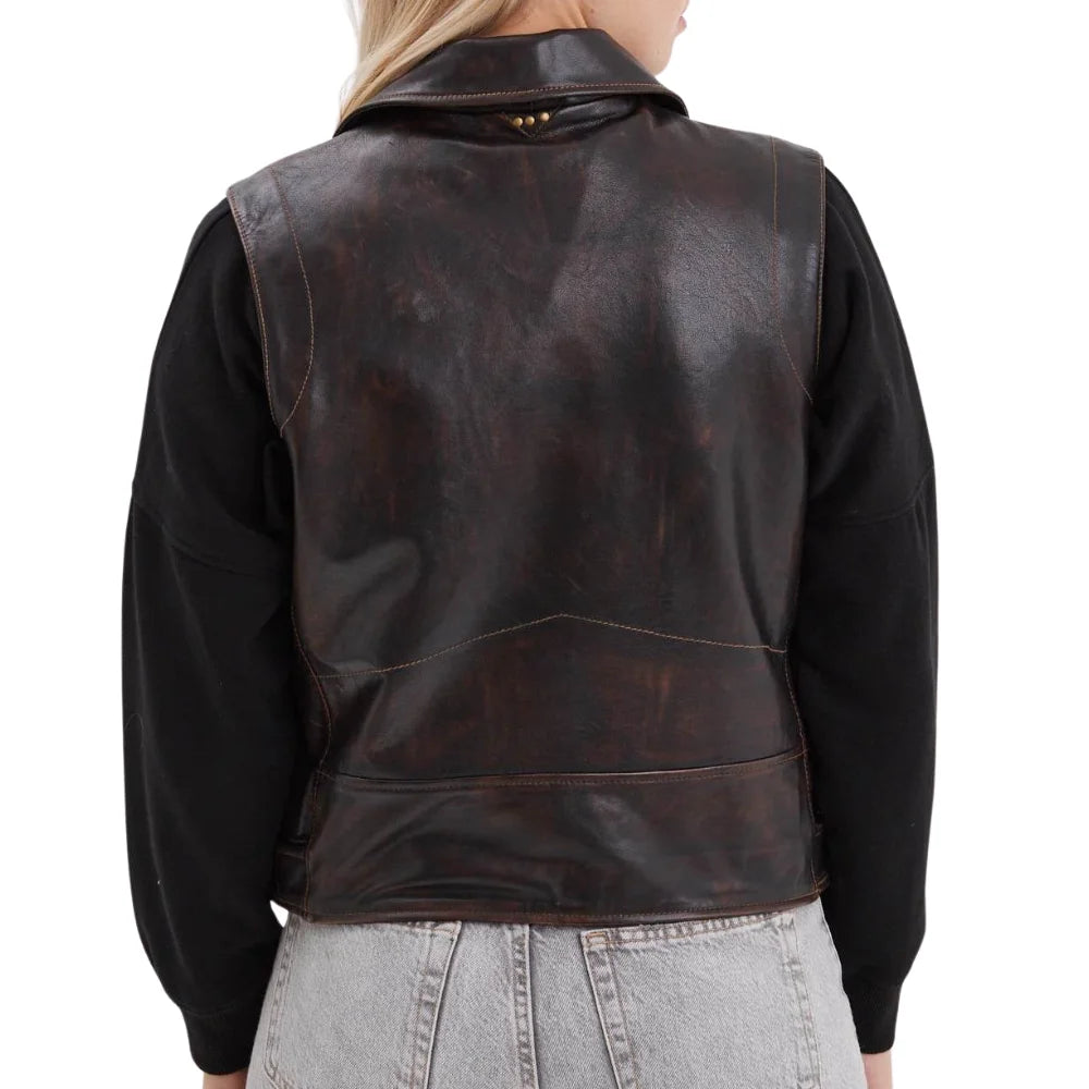 Women’s Black Cognac Aged Lambskin Leather Vest with Belted Waist