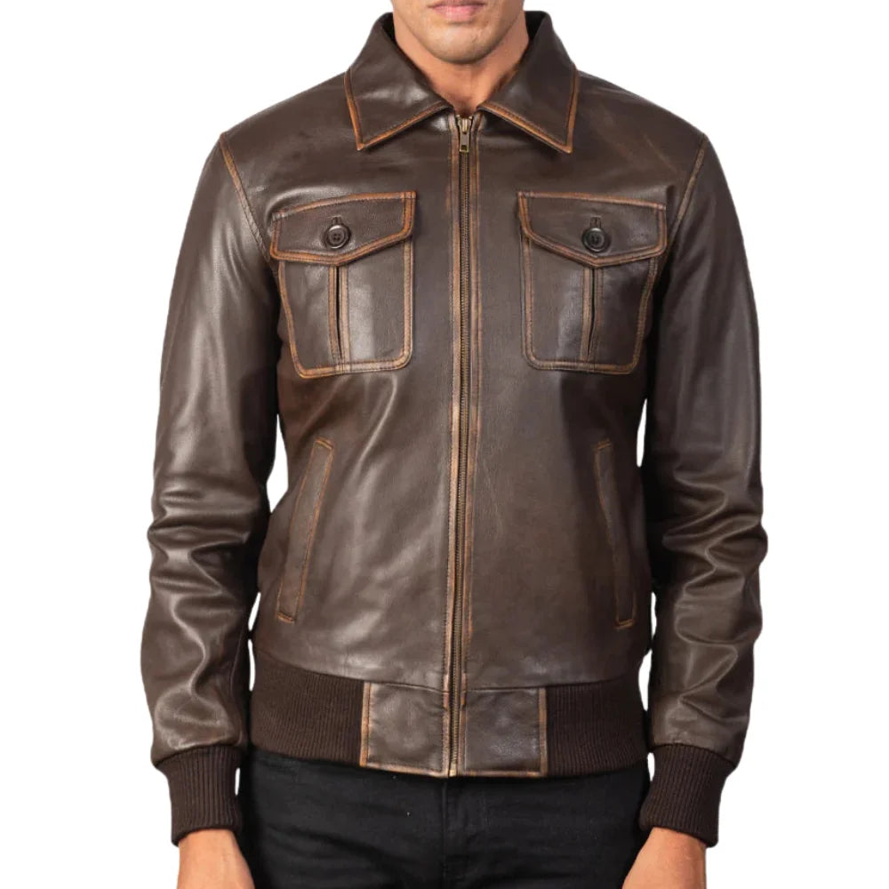 Men's Distressed Brown Leather Bomber Jacket