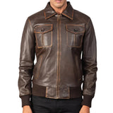 Men's Distressed Brown Leather Bomber Jacket