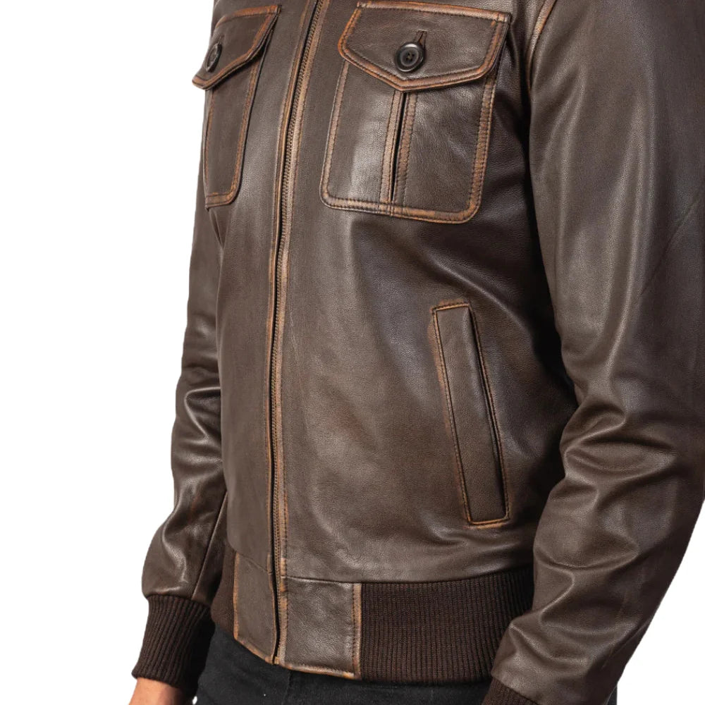 Men's Distressed Brown Leather Bomber Jacket
