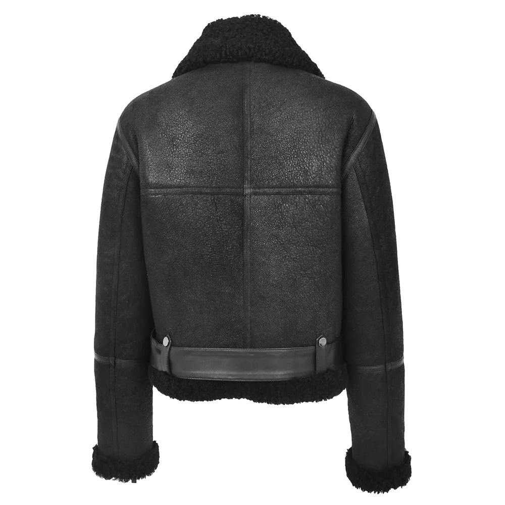 Women’s black leather aviator jacket with buckle fastening
