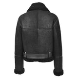 Women’s black leather aviator jacket with buckle fastening