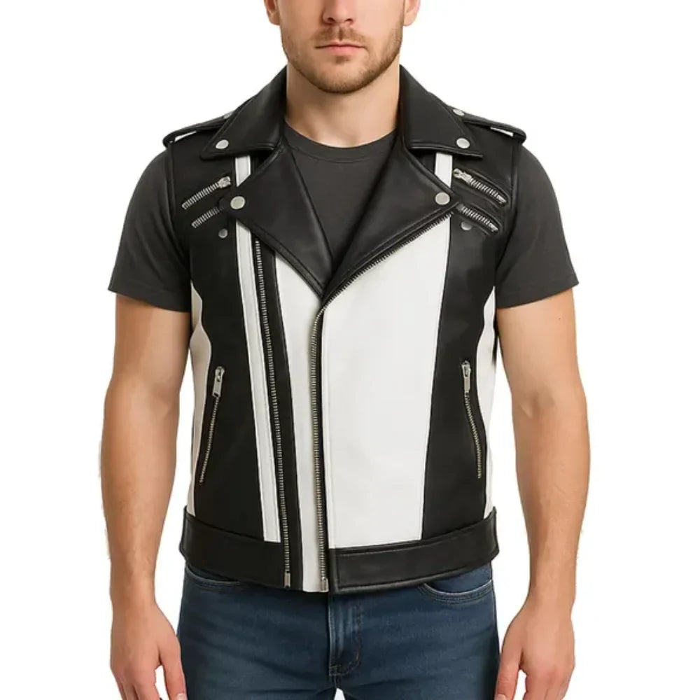 Jackson Men’s White and Black Leather Jacket with Removable Sleeves