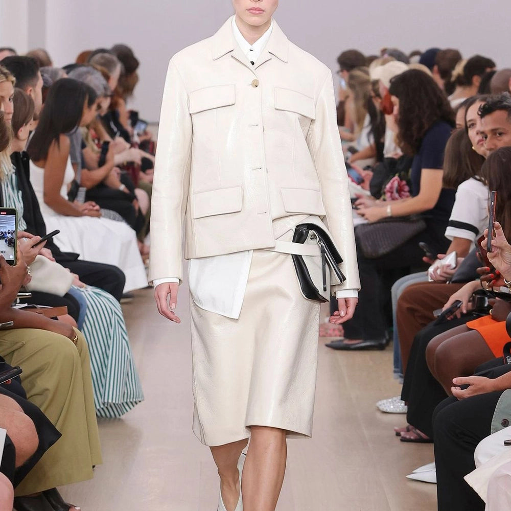 Shirt Collar Off White Leather Jacket Female