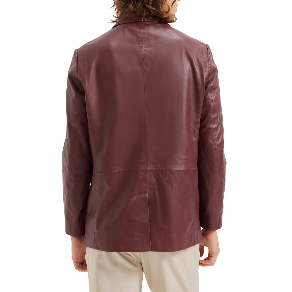 Men's Two Button Real Wine Red Leather Blazer Jacket
