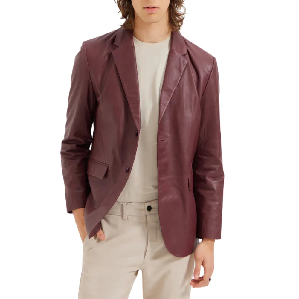 Men's Two Button Real Wine Red Leather Blazer Jacket