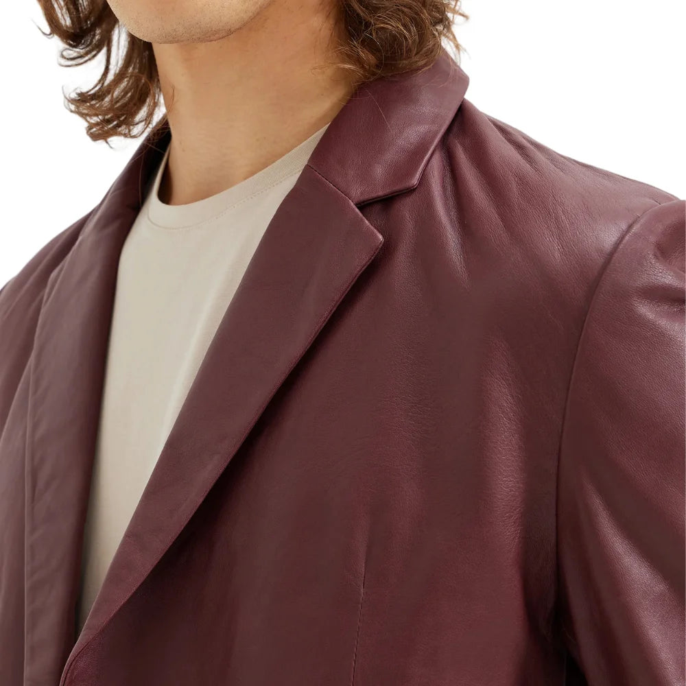 Men's Two Button Real Wine Red Leather Blazer Jacket