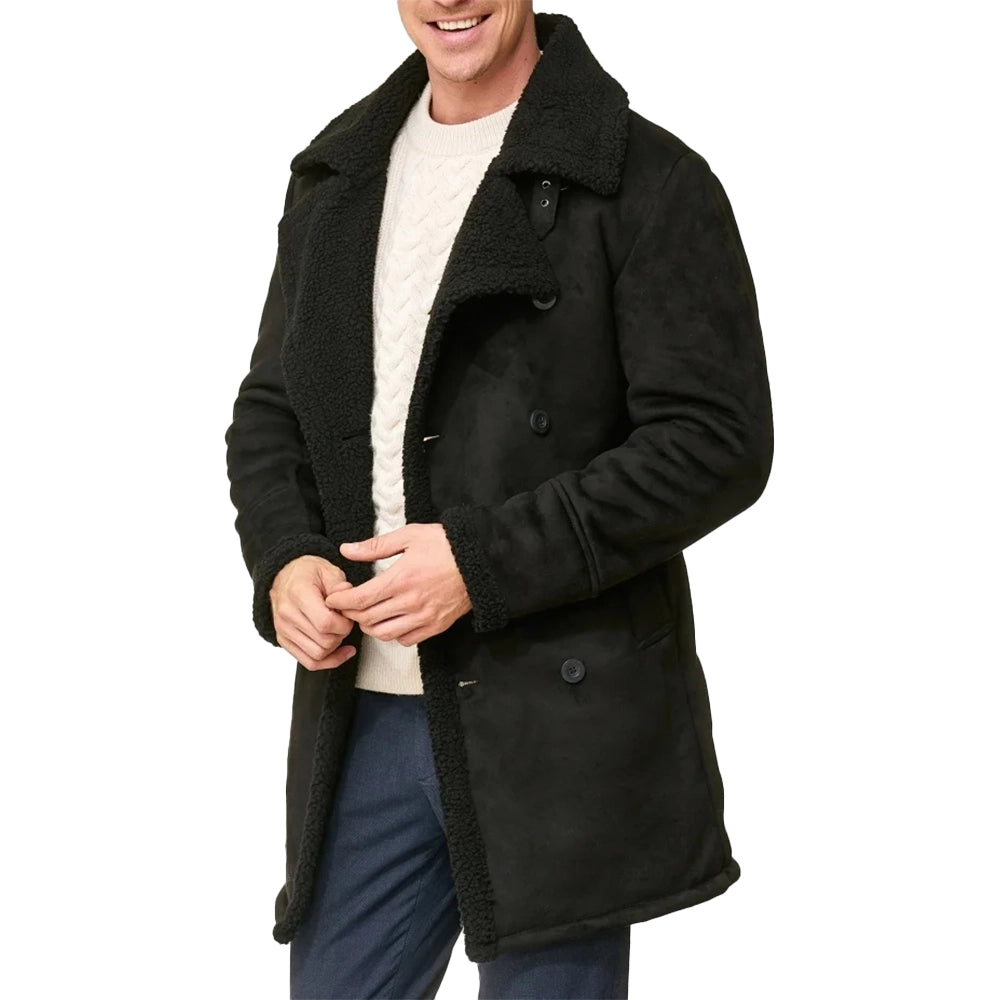 Double Breasted Sherpa Winter Coat Men Black