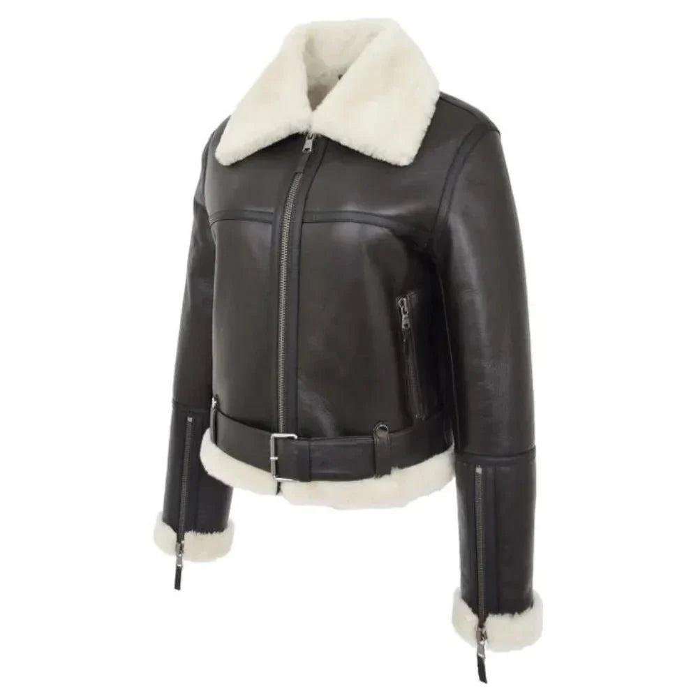Women’s black leather flight jacket with zipper pockets