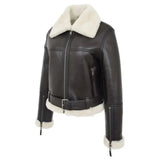 Women’s black leather flight jacket with zipper pockets