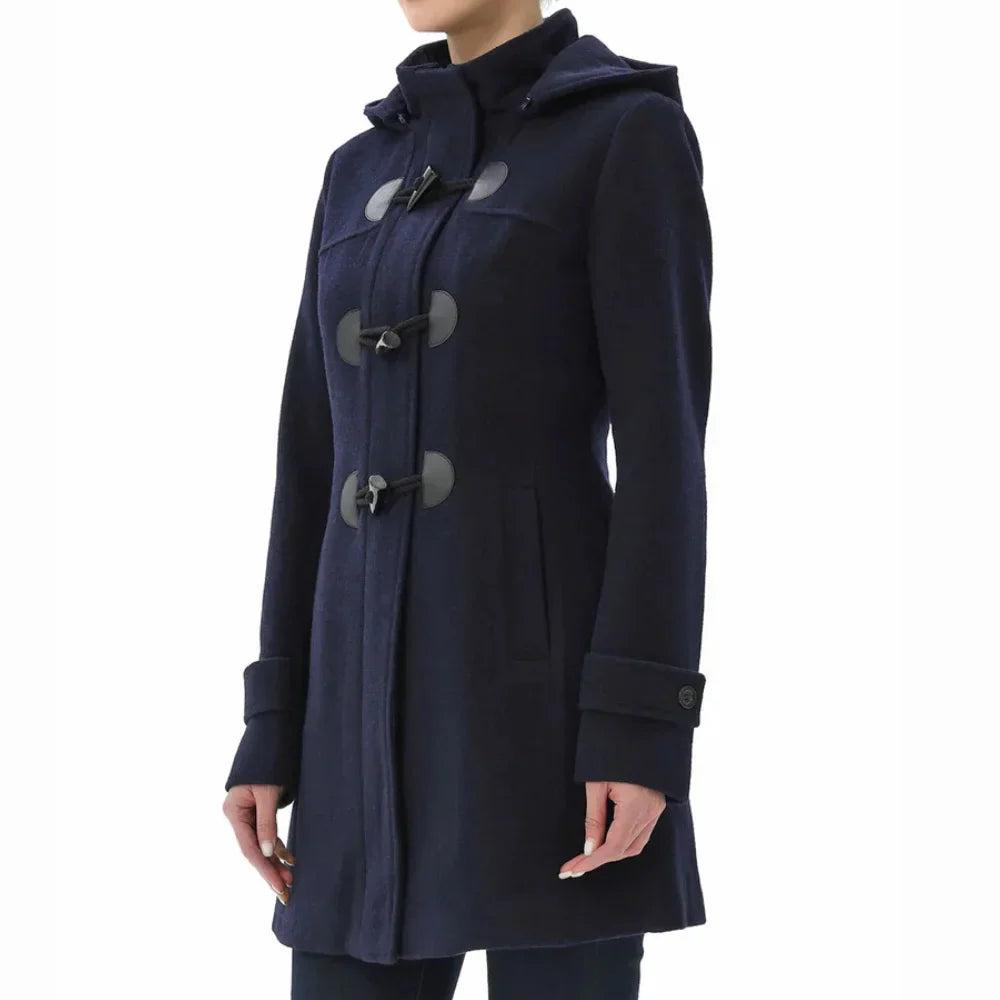 Women’s Wool Blend Navy Blue Hooded Duffle Coat