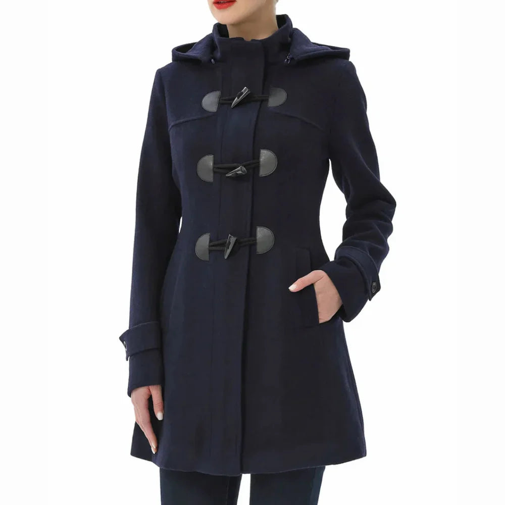 Women’s Wool Blend Navy Blue Hooded Duffle Coat