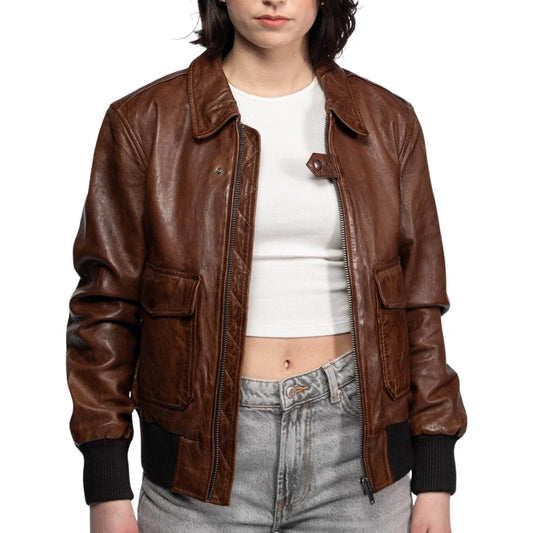 Womens A2 Distressed Aviator Cockpit Brown Bomber Leather Jacket