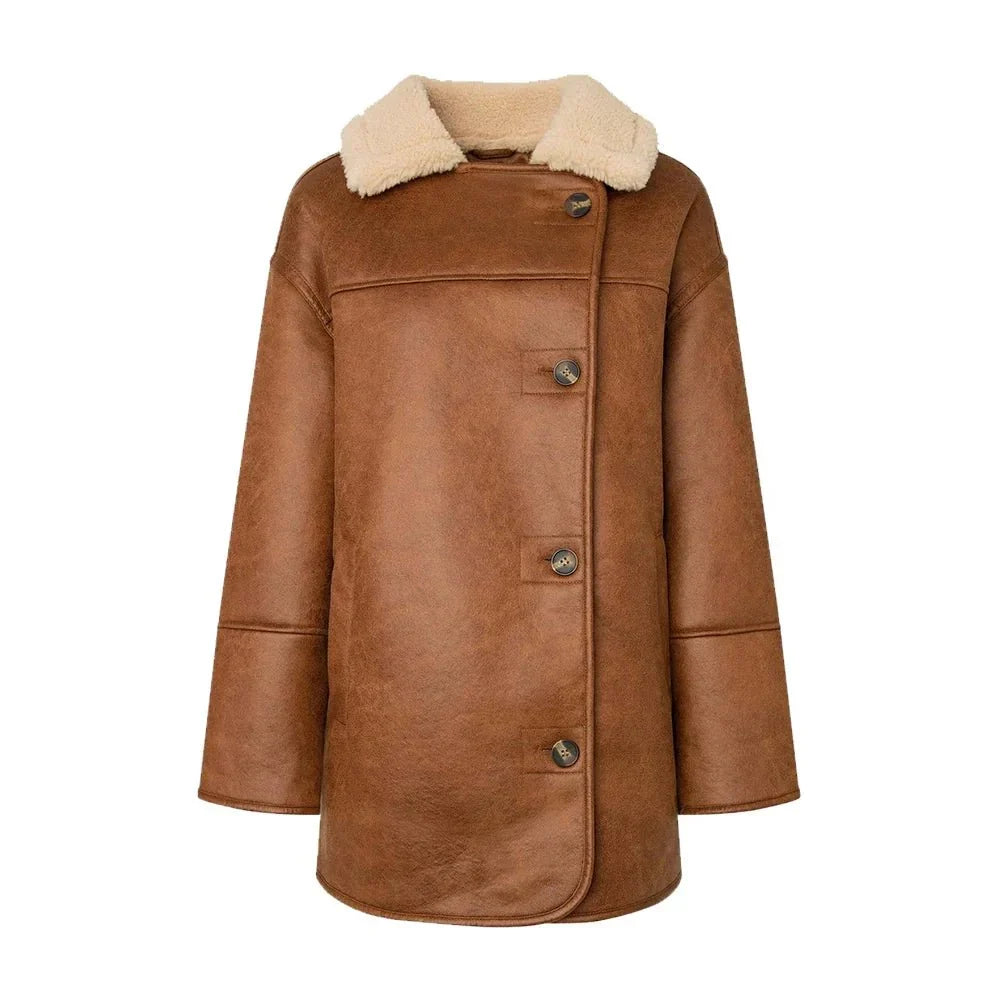 Shearling belted cuffs on women’s brown aviator jacket