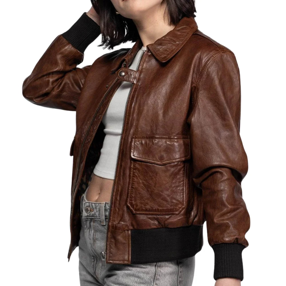 Womens A2 Distressed Aviator Cockpit Brown Bomber Leather Jacket