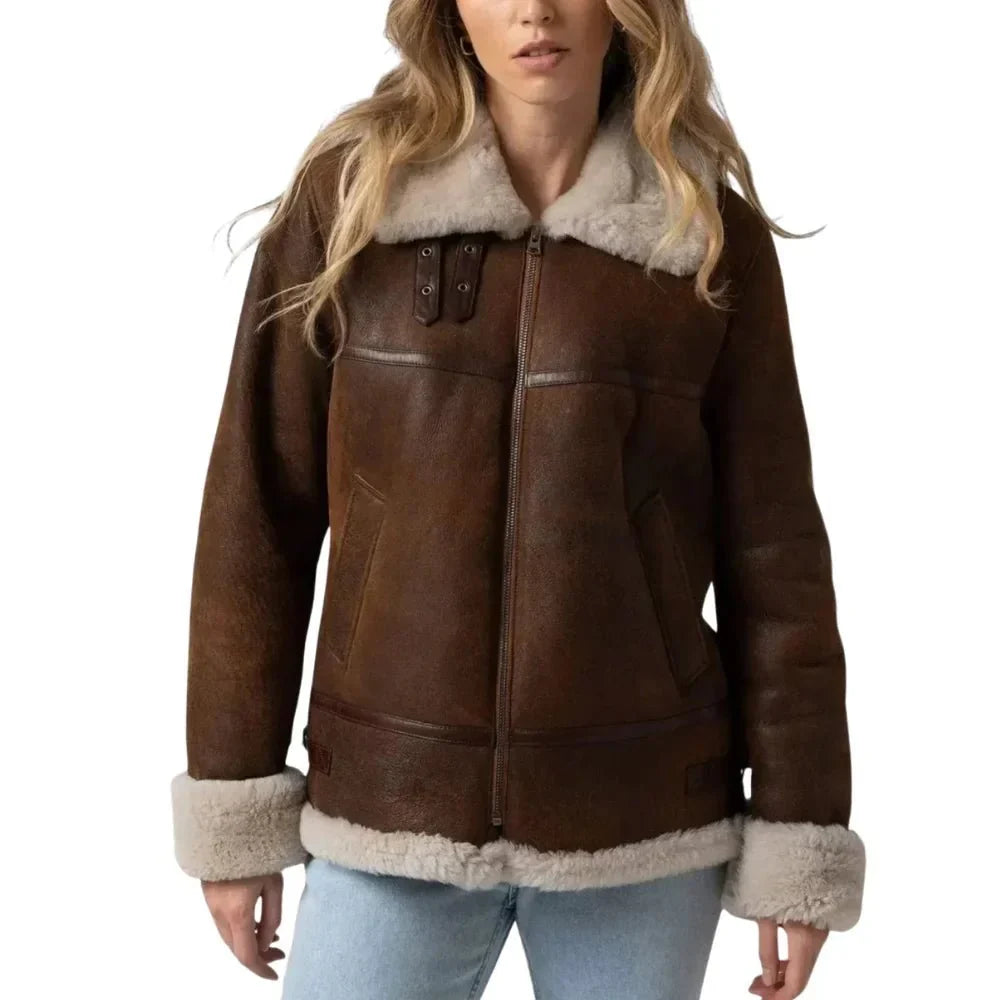 Shearling cuffs on women’s brown B3 leather jacket