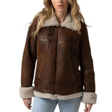 Shearling cuffs on women’s brown B3 leather jacket