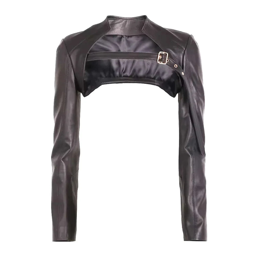 Women's Belted Black Leather Bolero Jacket