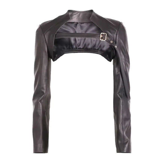 Women's Belted Black Leather Bolero Jacket