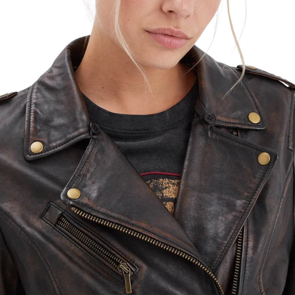 Women’s Black Cognac Aged Lambskin Leather Vest with Belted Waist