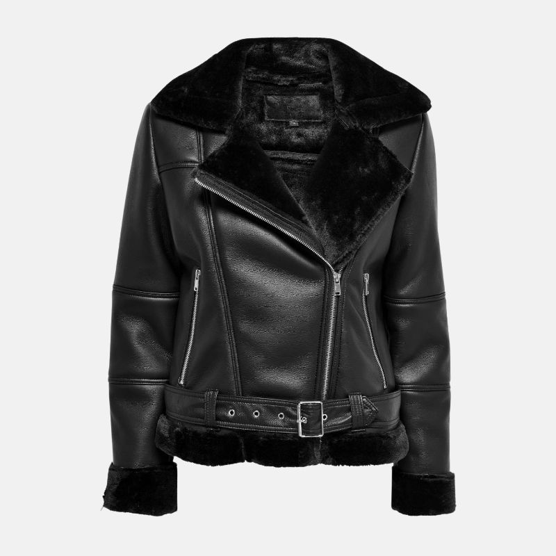 Black premium leather shearling jacket for women