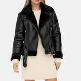 Women’s black aviator jacket with slanted zipper