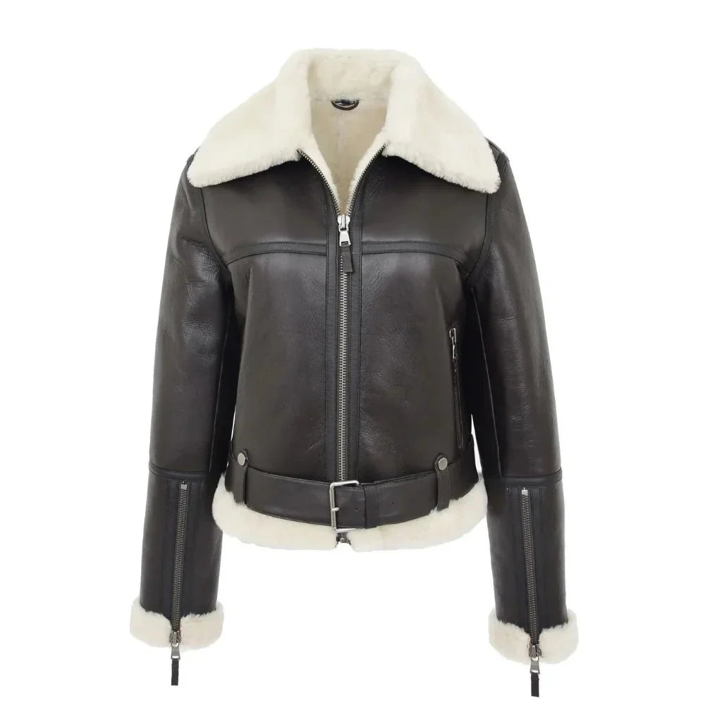 Women’s black B3 belted shearling aviator jacket