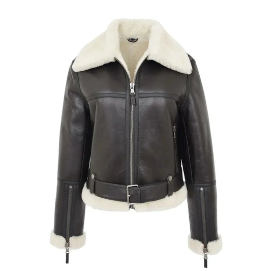 Women’s black B3 belted shearling aviator jacket