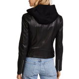 Billie Black Womens Real Leather Biker Jacket with Hood