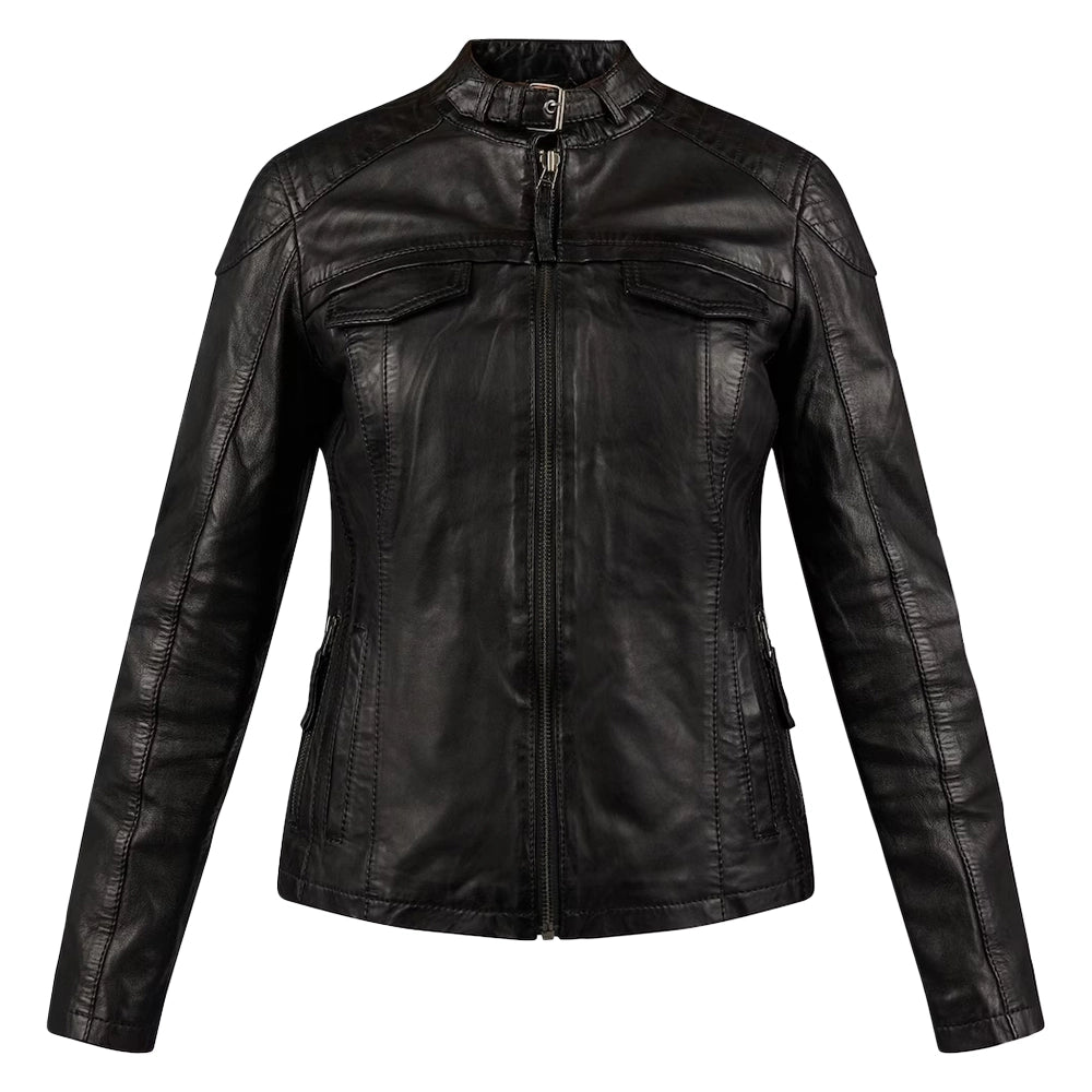 Susan Womens Black Leather Biker Jacket