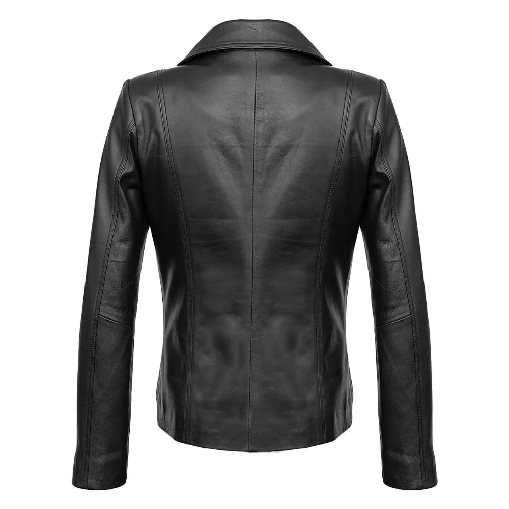 Real Lambskin Notch Lapel Ladies Black Leather Blazer - Back View