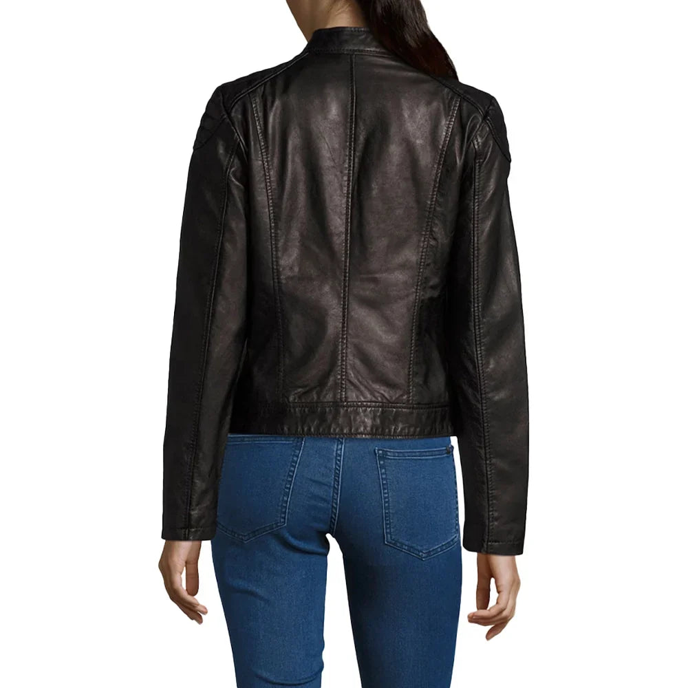 Tall Women’s Black Nubuck Cowhide Biker Jacket with High Collar