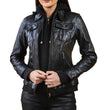 Black Leather Bomber Jacket Women with Removable Hood