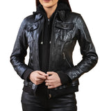 Black Leather Bomber Jacket Women with Removable Hood