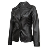 Real Lambskin Notch Lapel Ladies Black Leather Blazer - Side View