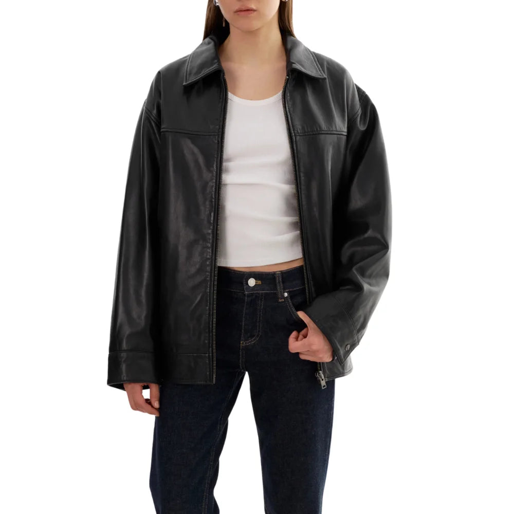 Women's Oversized Black Leather Bomber Jacket - Shirt Collar Style
