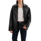 Women's Oversized Black Leather Bomber Jacket - Shirt Collar Style