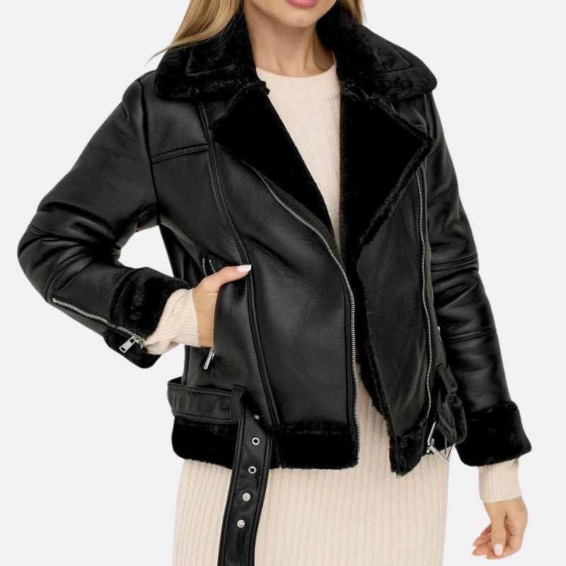 Black shearling collar leather jacket for women