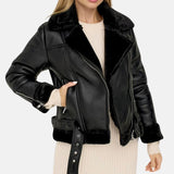 Black shearling collar leather jacket for women