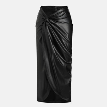 Women's Twisted Long Black Leather Skirt