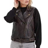 Women’s Black Cognac Aged Lambskin Leather Vest with Belted Waist
