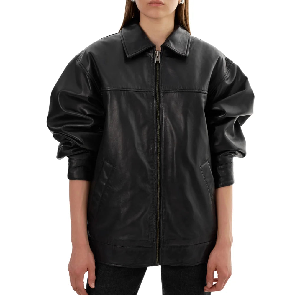 Women's Oversized Black Leather Bomber Jacket - Shirt Collar Style