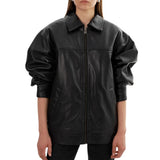 Women's Oversized Black Leather Bomber Jacket - Shirt Collar Style